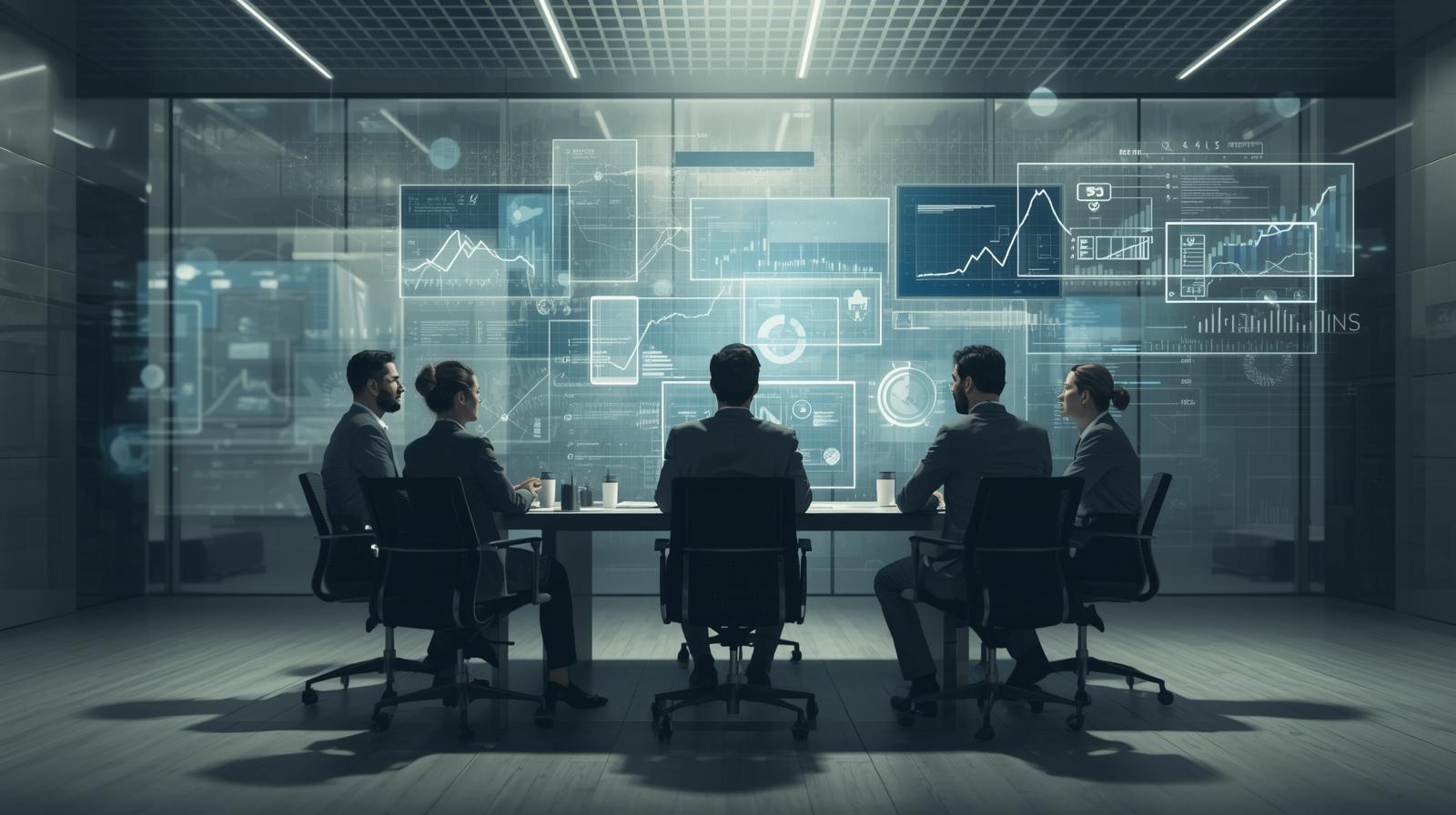 Business people in a modern office looking at holographic financial data.